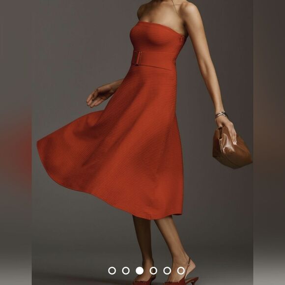 NWT Anthropologie red Strapless belted open back A-line Midi Sweater Dress sz L - Picture 2 of 16